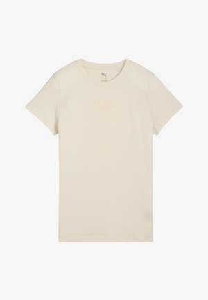 Camiseta beige de manga corta Puma con cuello redondo y logo de Puma bordado centrado en el pecho.