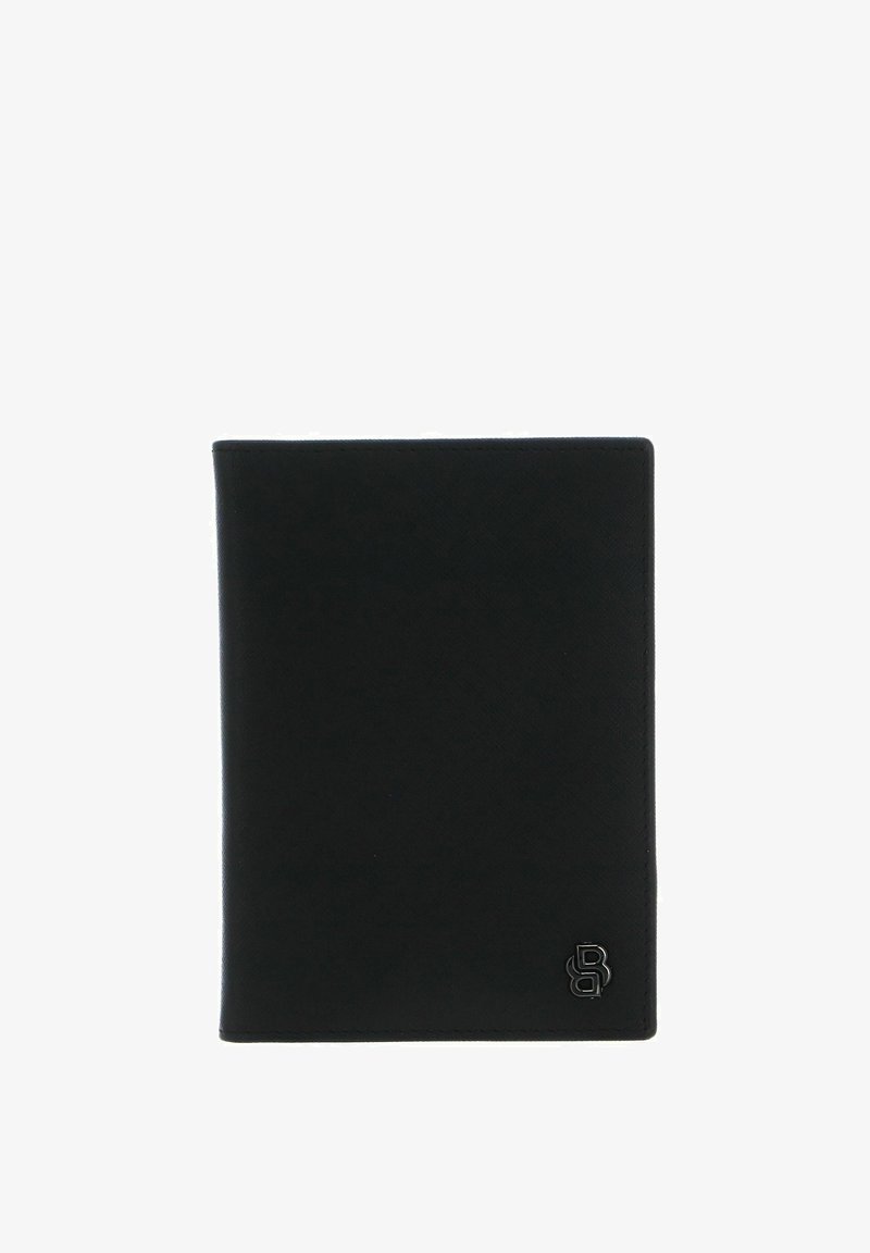 Portefeuille en cuir noir à la texture lisse, de forme rectangulaire, avec un logo embossé dans le coin inférieur. Design épuré et minimaliste.