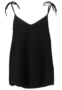 Svart ärmlös topp i lätt tyg, med V-ringning och justerbara knytband på axlarna. Mjuk textur. Enkel design.