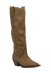 Bota de vaquero de ante marrón hasta la rodilla, con punta afilada y tacón apilado, que presenta un diseño cosido y lengüetas laterales.