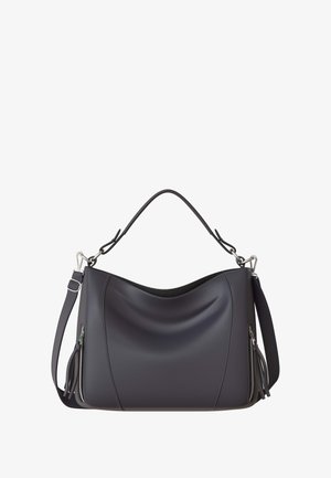 Große, dunkelgraue Handtasche mit glatter, matter Oberfläche, abgerundetem Oberteil, seitlichen Reißverschlusstaschen und abnehmbarem Schulterriemen.