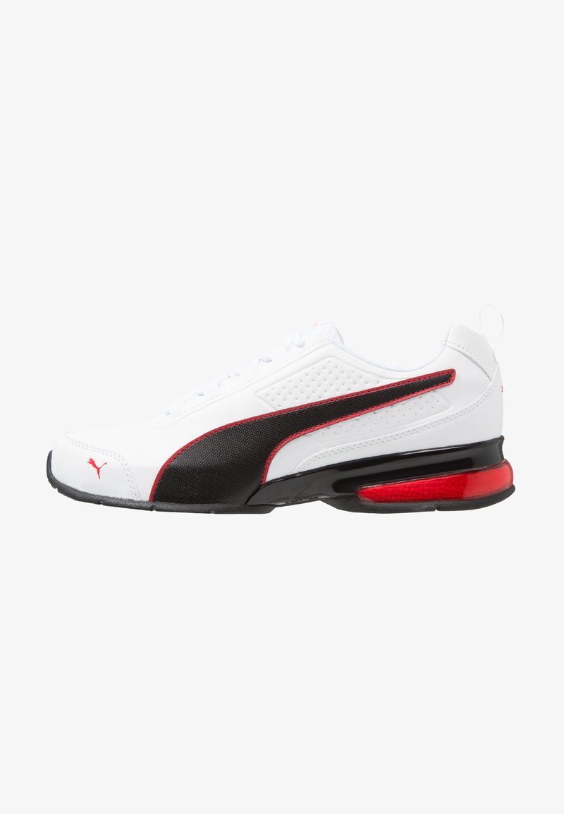 White athletic shoe with black and red accents, featuring a smooth upper, textured mesh panel, and a prominent red air cushion in the sole.