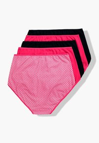 Vier paren vrouwenonderbroeken: twee effen zwart, één effen roze, één roze met een ruitpatroon. Zachte stof, elastische tailleband en een ontwerp met volledige bedekking.