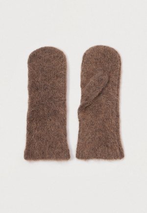 Hnedé rukavice vyrobené z mäkkého, textúrovaného materiálu. Dizajn má dlhý tvar s oddelenou časťou na palec. Žiadne vzory ani ozdoby.