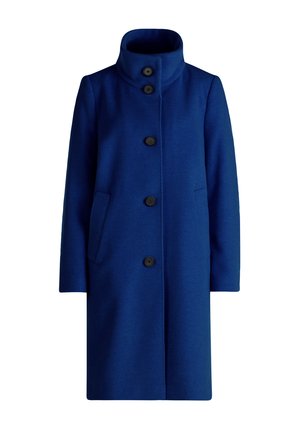Blauer, langer Wollmantel mit hohem Kragen und fünf schwarzen Knöpfen auf der Vorderseite, mit seitlichen Taschen und gerader Silhouette.