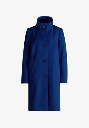 Blue long wool coat with high collar and five black buttons down the front, featuring side pockets and a straight silhouette.
