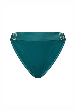 Bas de bikini teal avec une texture lisse, présentant une large ceinture et des accents de boucles dorées de chaque côté.