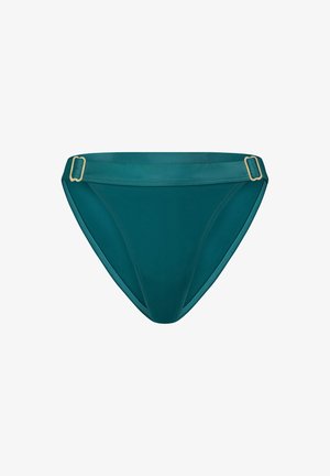 Bas de bikini teal avec une texture lisse, présentant une large ceinture et des accents de boucles dorées de chaque côté.