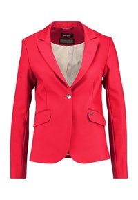 Blazer rouge pour femmes, cintré, avec un bouton argenté unique, des revers crantés, des poches à rabats et une doublure intérieure beige clair à motifs.