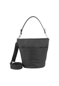 Sort nylon spandose med en bred åbning, en aftagelig webbing-rem og et glat håndtag. Har sølvfarvede hardware-detaljer.