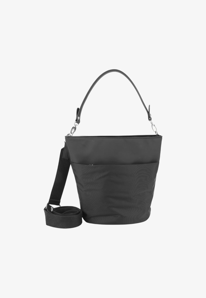 Sac seau en nylon noir avec une large ouverture, une sangle en toile détachable et une poignée lisse. Présente des accents en métal argenté.