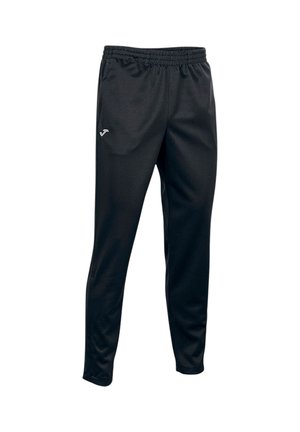 Pantaloni sportivi neri con vita elasticizzata e piccolo logo bianco sull'anca sinistra, mostrati su sfondo bianco.
