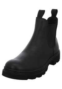 Bottine en cuir noir avec des empiècements élastiques sur les côtés, un bout rond et une semelle en caoutchouc épaisse avec un motif strié pour une meilleure traction.