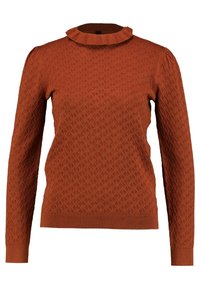 Pull de couleur rouille à manches longues, avec un motif en losanges texturé et un col rond côtelé. Comprend des accents plissés aux épaules.