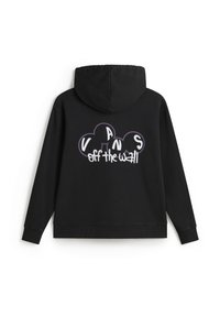 Sudadera con capucha negra que presenta un logotipo gráfico en blanco y púrpura que dice "VANS off the wall" en la parte posterior; material de mezcla de algodón.