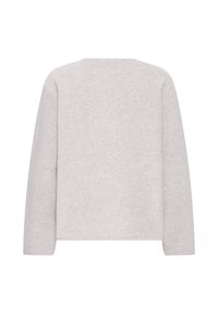 Graues Langarmshirt mit rundem Ausschnitt, weichem Stoff, lockerer Passform, ohne sichtbare Markenkennzeichnung, schlichtes Rückendesign.