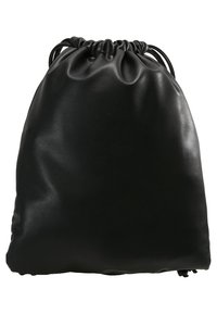 Pochette en cuir noir à cordon avec fermeture supérieure froncée et finition lisse légèrement brillante.