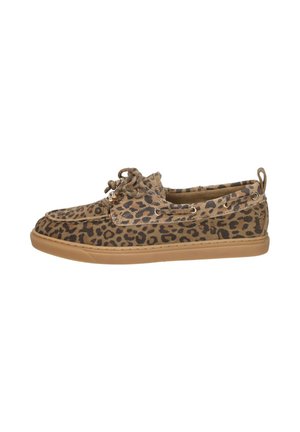 Brown slip-on sneaker with leopard print pattern, lace-up detail, and tan rubber sole, shown from the side on a white background.