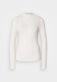 Valkoinen pitkähihainen paita, jossa on korkea kaula-aukko, ribbed tekstuuri ja slimfit-malli. Sisältää saumattoman ulkonäön ja hienovaraisen V-muodon edessä.