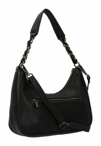 Borsa a mano in pelle nera con una tracolla a catena, design curvo, tasca con zip sulla parte anteriore e superficie testurizzata.