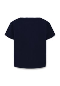 Maglietta a maniche corte di colore blu navy con scollatura rotonda e texture liscia. L'orlo è leggermente curvato e il tessuto appare morbido e leggero.