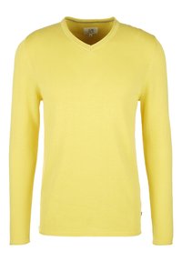 Maglione giallo a maniche lunghe con scollo a V, realizzato in un morbido tessuto con una texture a maglia fine. Presenta dettagli di cucitura lungo le cuciture.