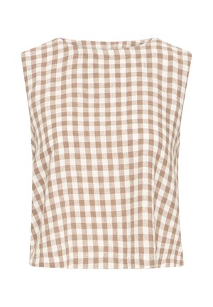 Haut sans manches à motif à carreaux vichy beige et blanc, encolure droite et coupe ample.