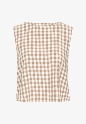 Top bez rukava s uzorkom bež i bijelih kariranih kockica, ravnim izrezom i širokim krojem.