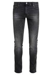 Mörk tvättade denimjeans med slim fit, som har subtila slitdetaljer, fransade knäskador och standard femficksdesign.