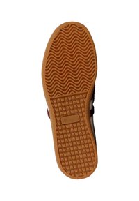 Suola di scarpa in gomma di colore marrone con una texture ondulata. Presenta un'impronta con il logo e un tacco arrotondato. I bordi laterali mostrano una leggera curvatura verso l'alto.