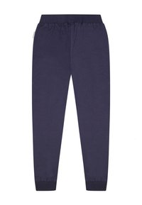 Marineblauwe katoenen joggingbroeken met een elastische tailleband en boorden, met een zachte textuur en een rechte pasvorm. Geen zichtbare patronen of accenten.