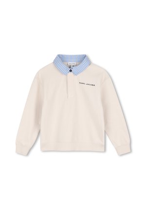 Sweat-shirt crème à manches longues avec poignets côtelés, col rayé bleu et blanc, et texte "MARC JACOBS" sur la poitrine.