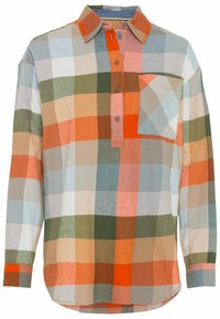 Chemise à manches longues à carreaux avec un mélange de couleurs orange, bleu, vert et beige. Patte de boutonnage et poche poitrine à motif écossais.