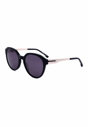 Occhiali da sole rotondi neri con lenti scure e aste rosa pallido, con il marchio Tom Tailor sulle stanghette.