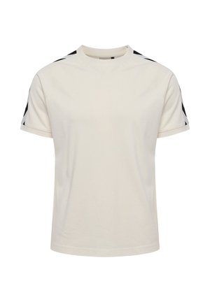 Cremfarbendes Baumwoll-T-Shirt mit kurzen Ärmeln, das schwarze Designelemente an den Schultern und einen runden Halsausschnitt aufweist. Geschmeidige Textur.