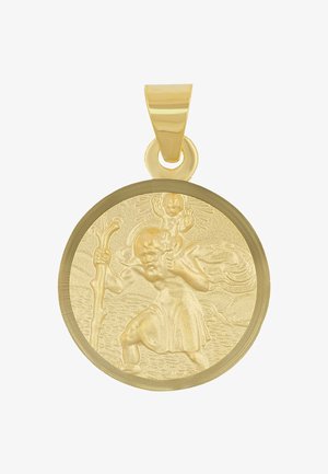 Ciondolo in oro con forma circolare, superficie testurizzata con un motivo a rilievo di una figura, e un elegante gancio di attacco nella parte superiore.