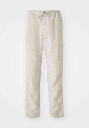 Pantalons en lin beige clair avec une coupe droite, une taille élastique, un cordon de serrage ajustable et sans motifs ni accessoires visibles.