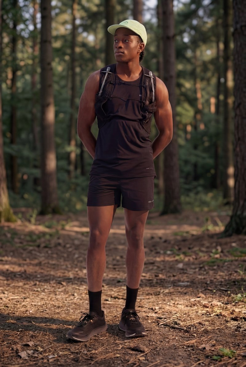 Une personne athlétique se tient sur un sentier forestier portant un short noir, un débardeur noir, une casquette vert clair, des chaussettes noires, des chaussures de course et un gilet d'hydratation.