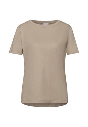 Maglietta beige a maniche corte con scollo rotondo e orlo leggermente curvo, mostrata distesa, etichetta del marchio Street One visibile all'interno del colletto.