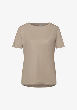 Camiseta beige de manga corta con cuello redondo y dobladillo ligeramente curvado, presentada plana, etiqueta de la marca Street One visible en el interior del cuello.