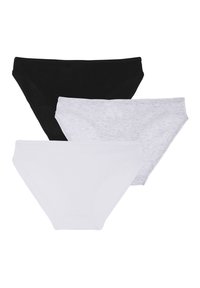 Tre paia di mutande da donna in nero, bianco e grigio chiaro. Realizzate in cotone, presentano una superficie liscia e cinture elastiche.