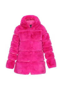 Faux fur pink coat featuring a hood, long sleeves, and a puffy, quilted design with horizontal stitch lines for texture.