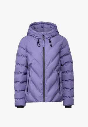 Lavender pufferjack met een chevronpatroon, voorzien van een capuchon, een rits aan de voorkant, verstelbare toggles en zijzakken. Gladde textuur.