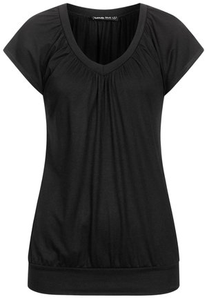 Czarna bluzka z krótkim rękawem z dekoltem w serek, z marszczeniami przy dekolcie i dopasowanym dolnym hemem, zapewniająca luźny fason. Materiał z dodatkiem bawełny.