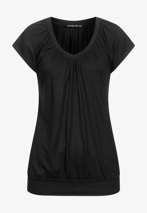 Czarna bluzka z krótkim rękawem z dekoltem w serek, z marszczeniami przy dekolcie i dopasowanym dolnym hemem, zapewniająca luźny fason. Materiał z dodatkiem bawełny.