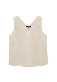 Haut beige sans manches pour femme avec encolure en V et ourlet droit, présenté à plat sur un fond blanc.
