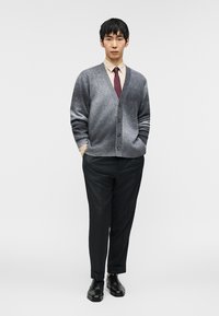 Γκρι πλεκτή ζακέτα με V-λαιμόκοψη και κούμπωμα με κουμπιά, φορεμένη πάνω από ανοιχτόχρωμο πουκάμισο και γραβάτα με σχέδια. Συνδυασμένη με παντελόνι με λεπτές ρίγες και μαύρα παπούτσια.