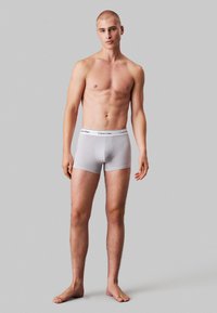 Grijze boxershorts van stretchstof, met een witte tailleband met logo, ontworpen voor een strakke pasvorm, minimale naden en een zachte textuur.