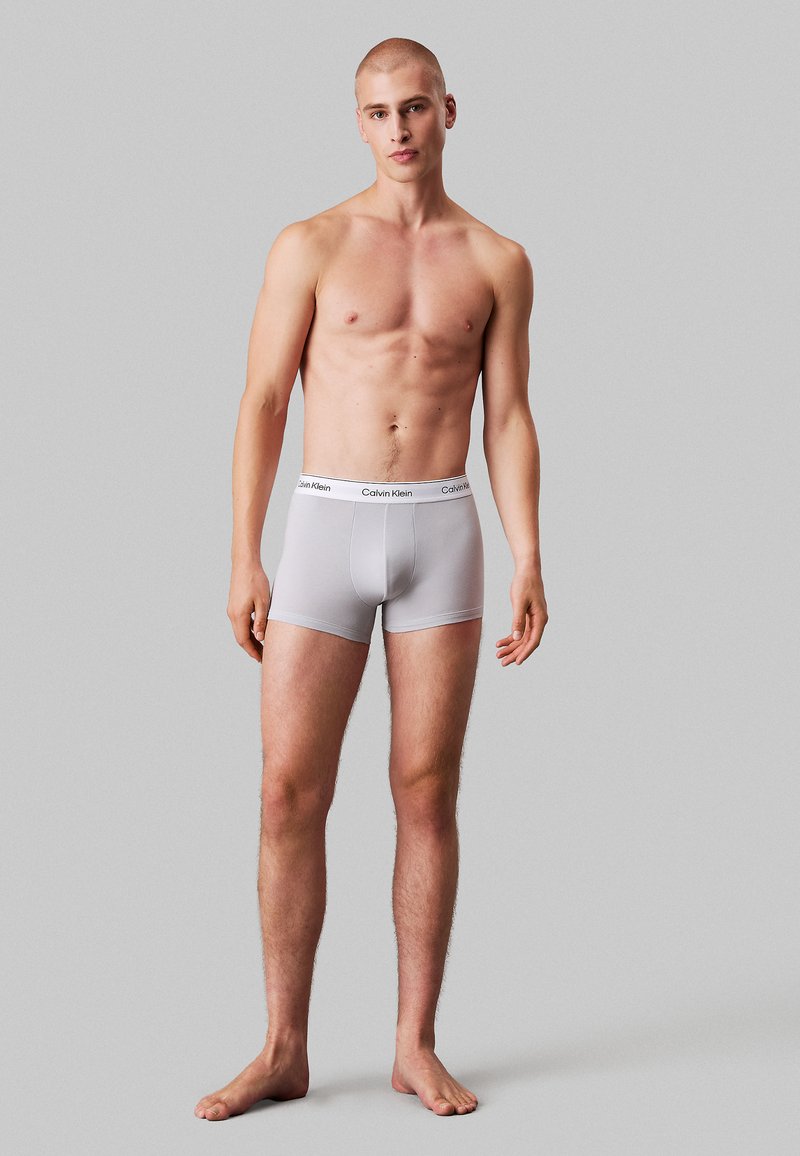 Grijze boxershorts van stretchstof, met een witte tailleband met logo, ontworpen voor een strakke pasvorm, minimale naden en een zachte textuur.