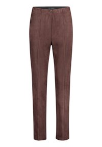 Bruine broek van suède-achtig materiaal met een voorste knoopsluiting en verticale naaddetails voor extra textuur en vorm. Slanke pasvorm.